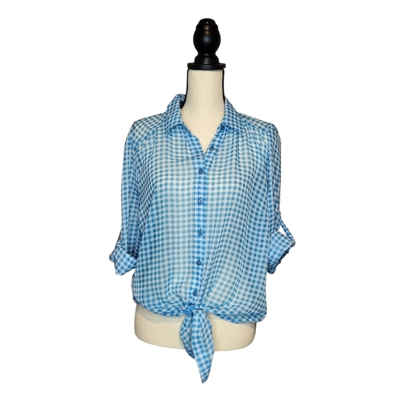 Self Esteem juniors blue white gingham plaid button front tie front top XXL - Picture 1 of 10